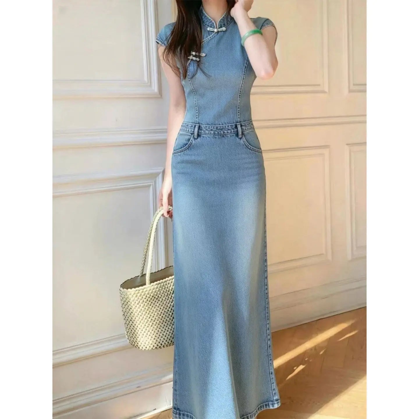 ANJY Spring Summer New Women Chinese Style Washed Denim Cheongsam Dress Elegant Vintage Design Niche Stylish Long Dresses A25172