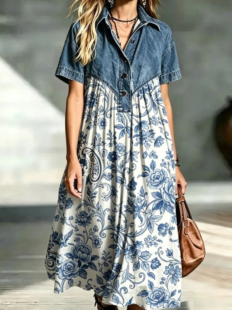 Leopard Print Denim Panel Maxi Dress