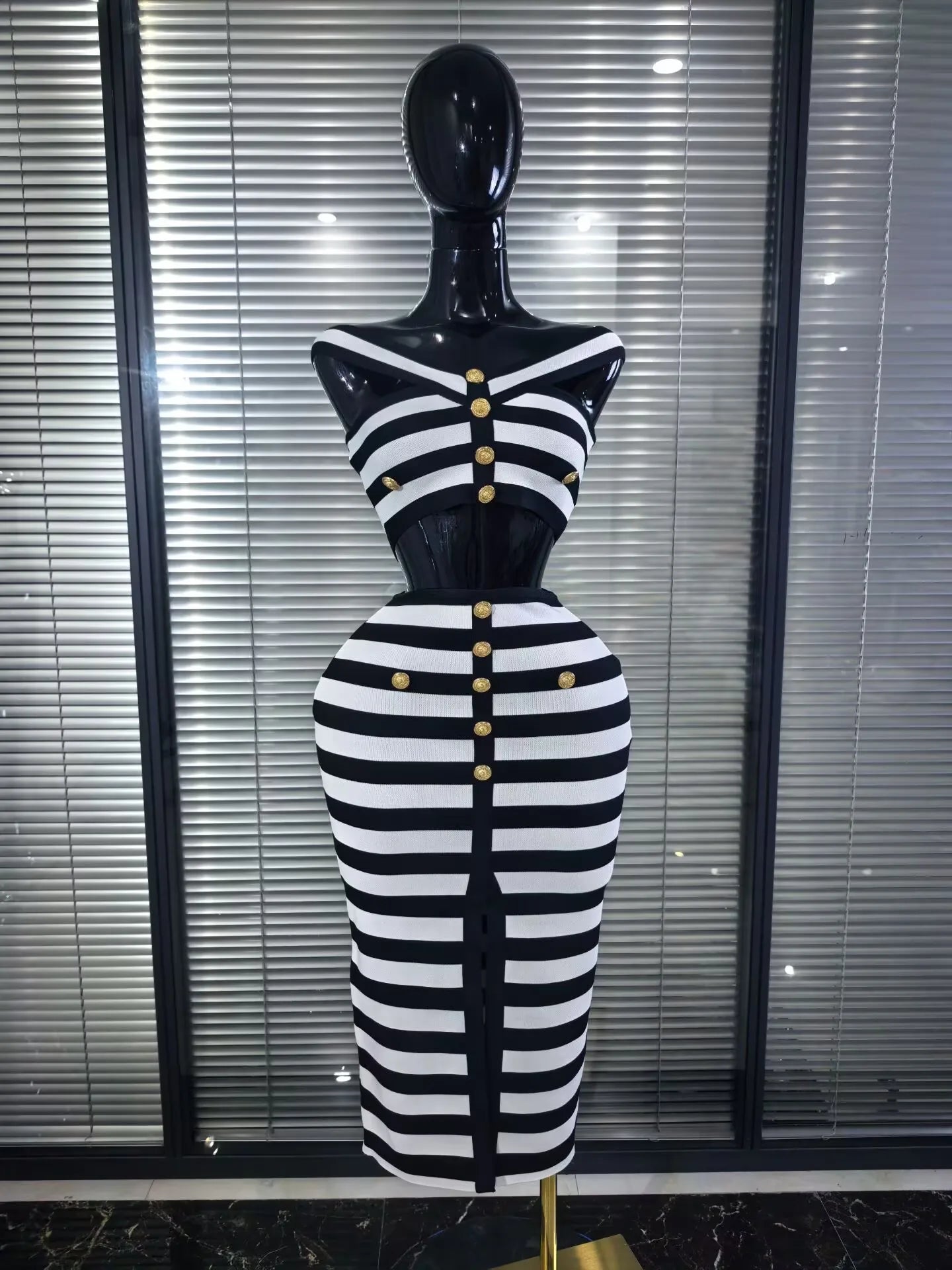 High Quality Women Sexy Slash Neck Striped 2 Pieces Bodycon Midi Bandage Dress Nightclub Party Celebrate Evening Clothing