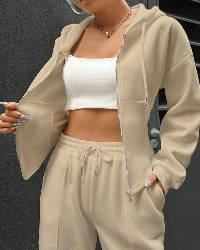 2 Pieces Pants Set Long Sleeve Zip Fly Slim Fit Hooded Top and Casual Wide Leg Pants Set