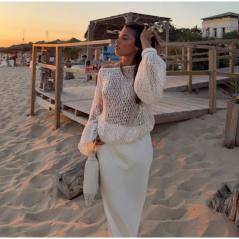 White Hollow Crochet Off Shoulder Long Sleeve Top For Women