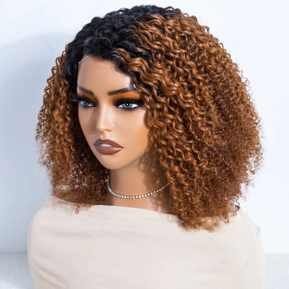 Ombre Brown Kinky Curly Glueless Bob Lace Wig for Women