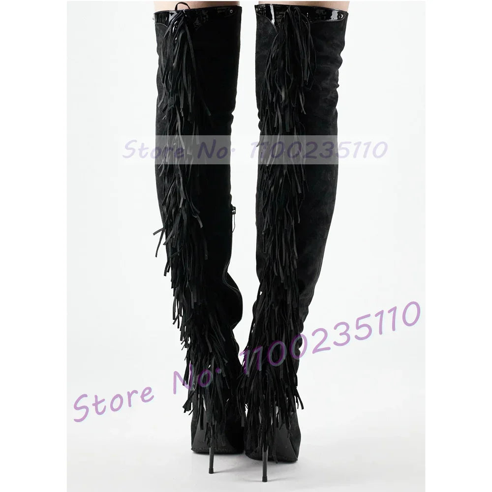 Grey Fringe Leather Over Knee Boots