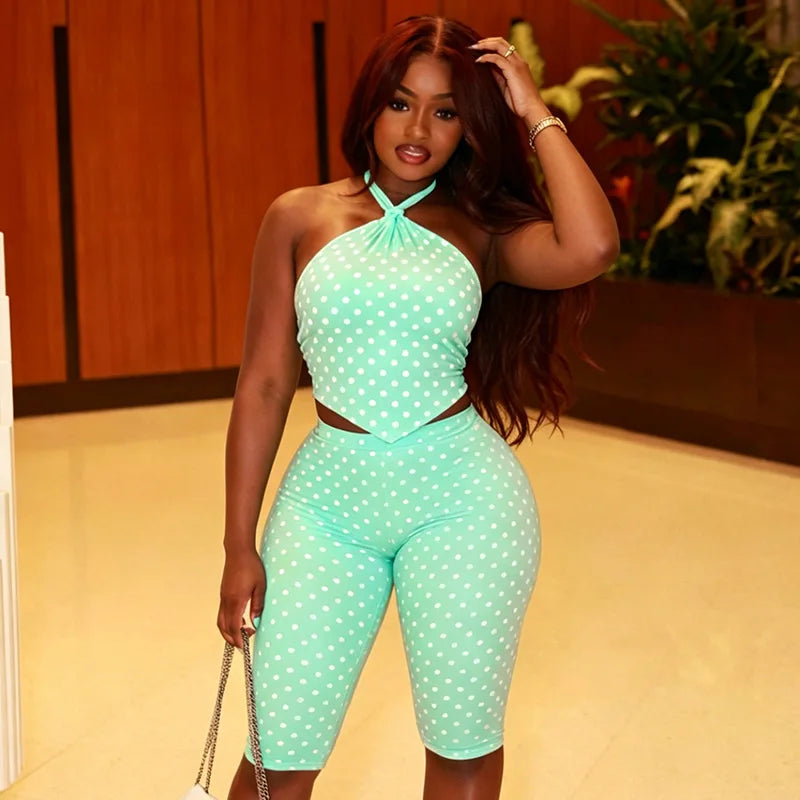 Polka Dot Print Halter Backless Tank Top Two Piece Set for Women