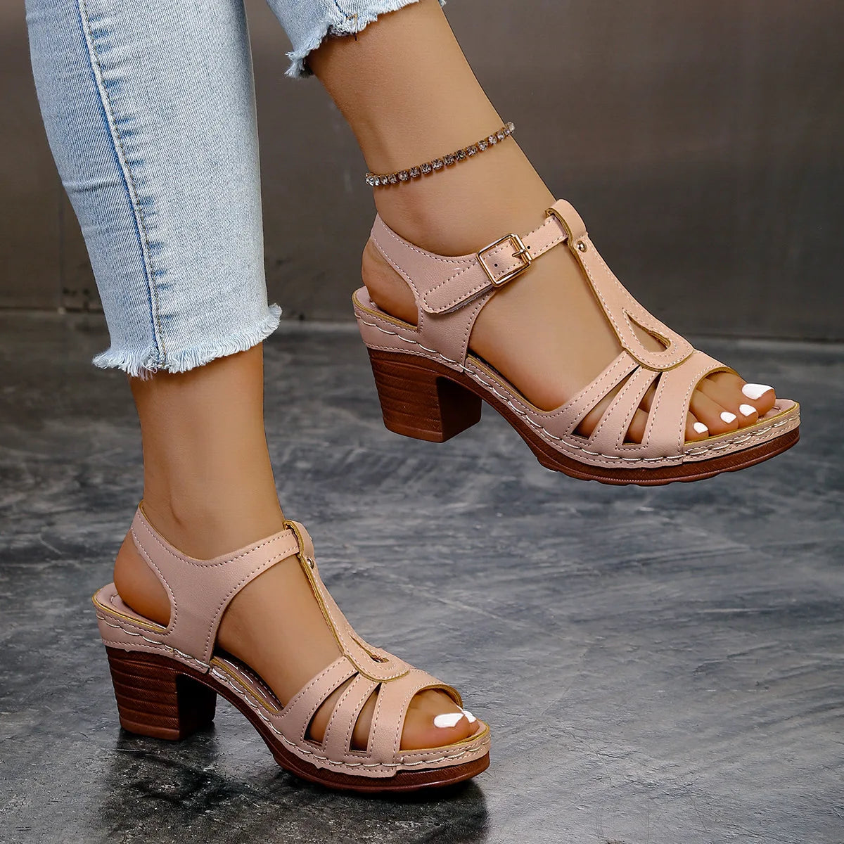 Elegant Square Heel Buckle Sandals