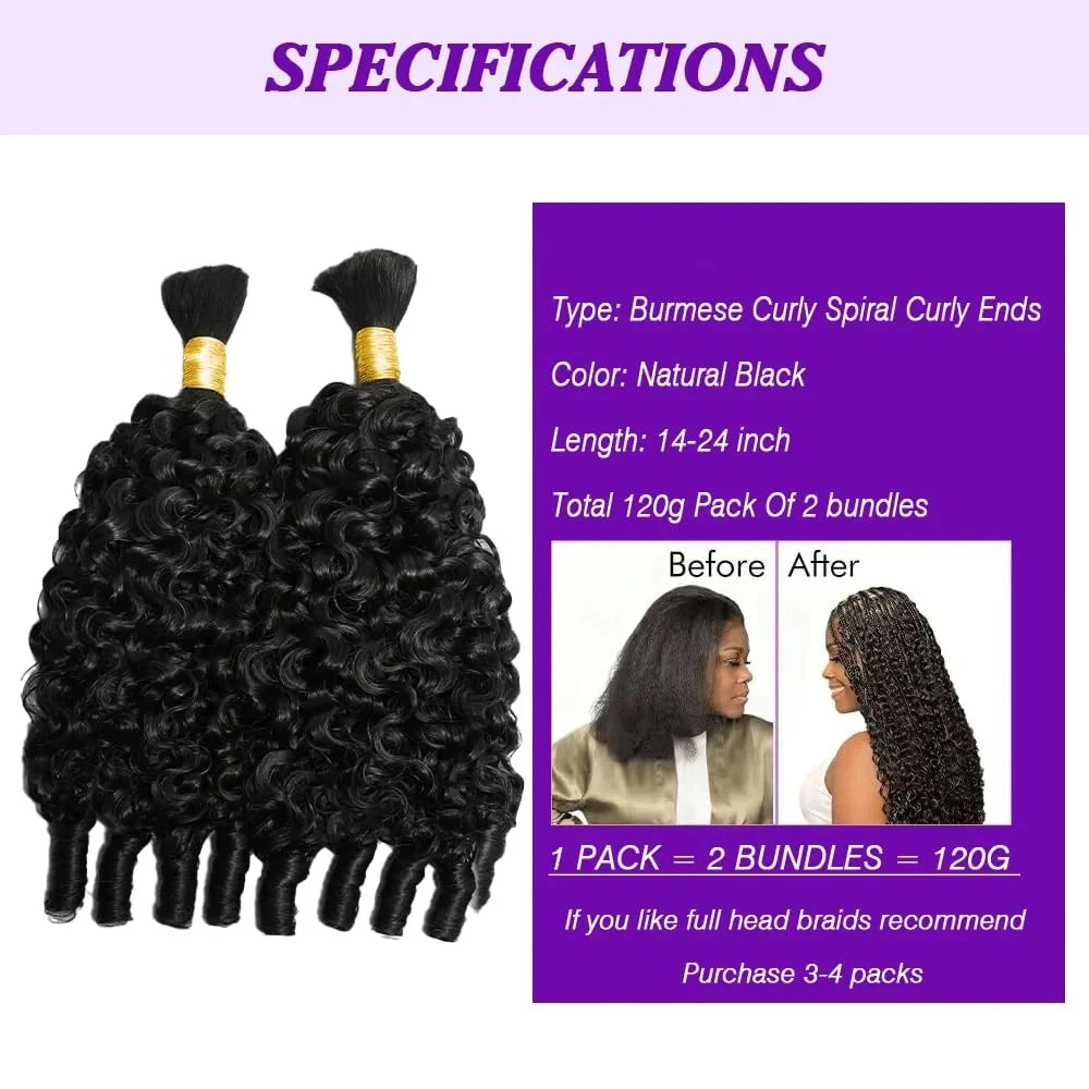 Natural Burmese Curly Human Hair Braiding Extensions for Women