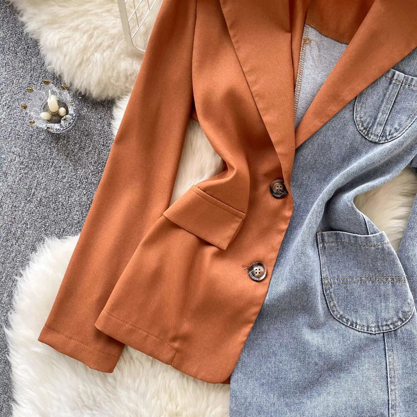ANJY Autumn New Women Vintage Streetwear Ins Stylish Denim Patchwork Single Breasted Coat Casual Elegant Asymmetric Blazer A8421