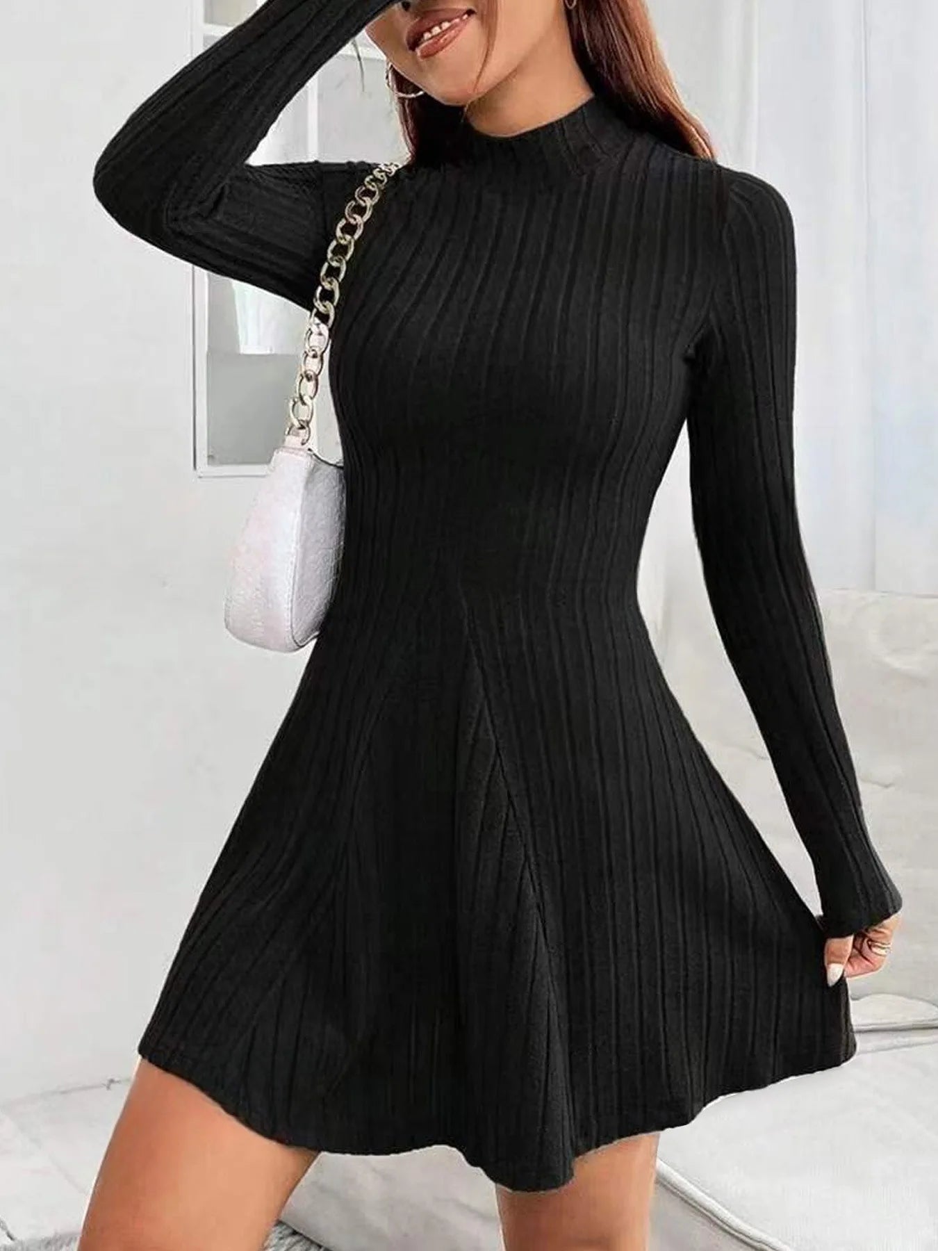 2026 New European and American Women's Slim Fit Half-Turtleneck Waist-Cinch A-Line Ribbed Long-Sleeve Dress