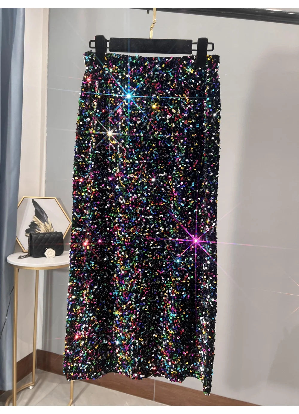 Blingbling New Autumn Winter All-match Mid-long Bodycon Skirt Colorful Sequins Elastic High Waist Slimming Lady Pencil Skirts