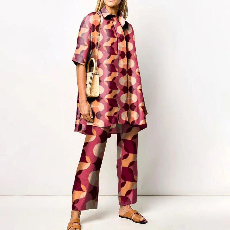 2022 Sets Womens Outfits Elegant Loungewear Print Spring Autumn 2PCS Ladies Suit Long Sleeve Wide Leg Pants Loose Fit Streetwear