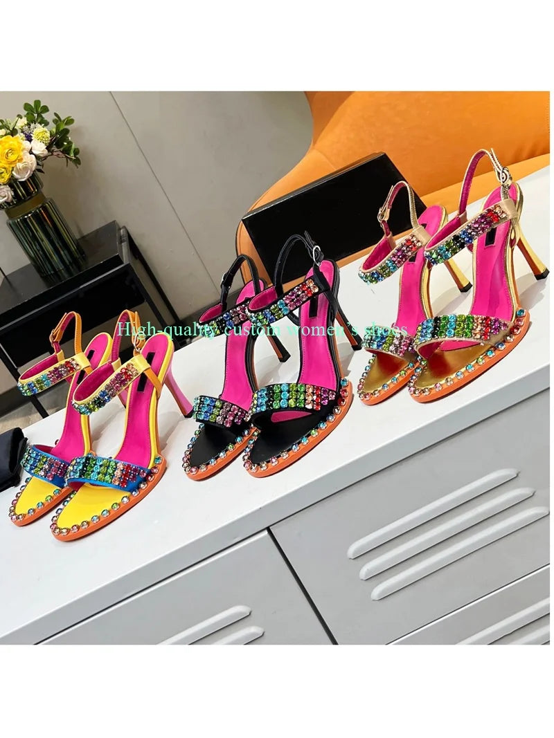 Elegant Rainbow Rhinestone Embellished Sandals for Women