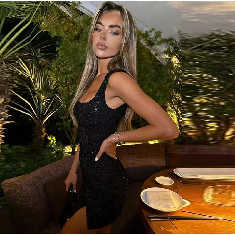 Sleeveless Sequin Mini Dress with High Slit for Women