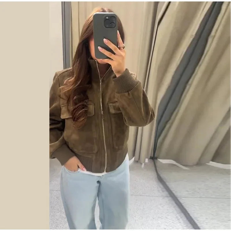 Vintage Suede Long Sleeve Jacket with Pockets for Women