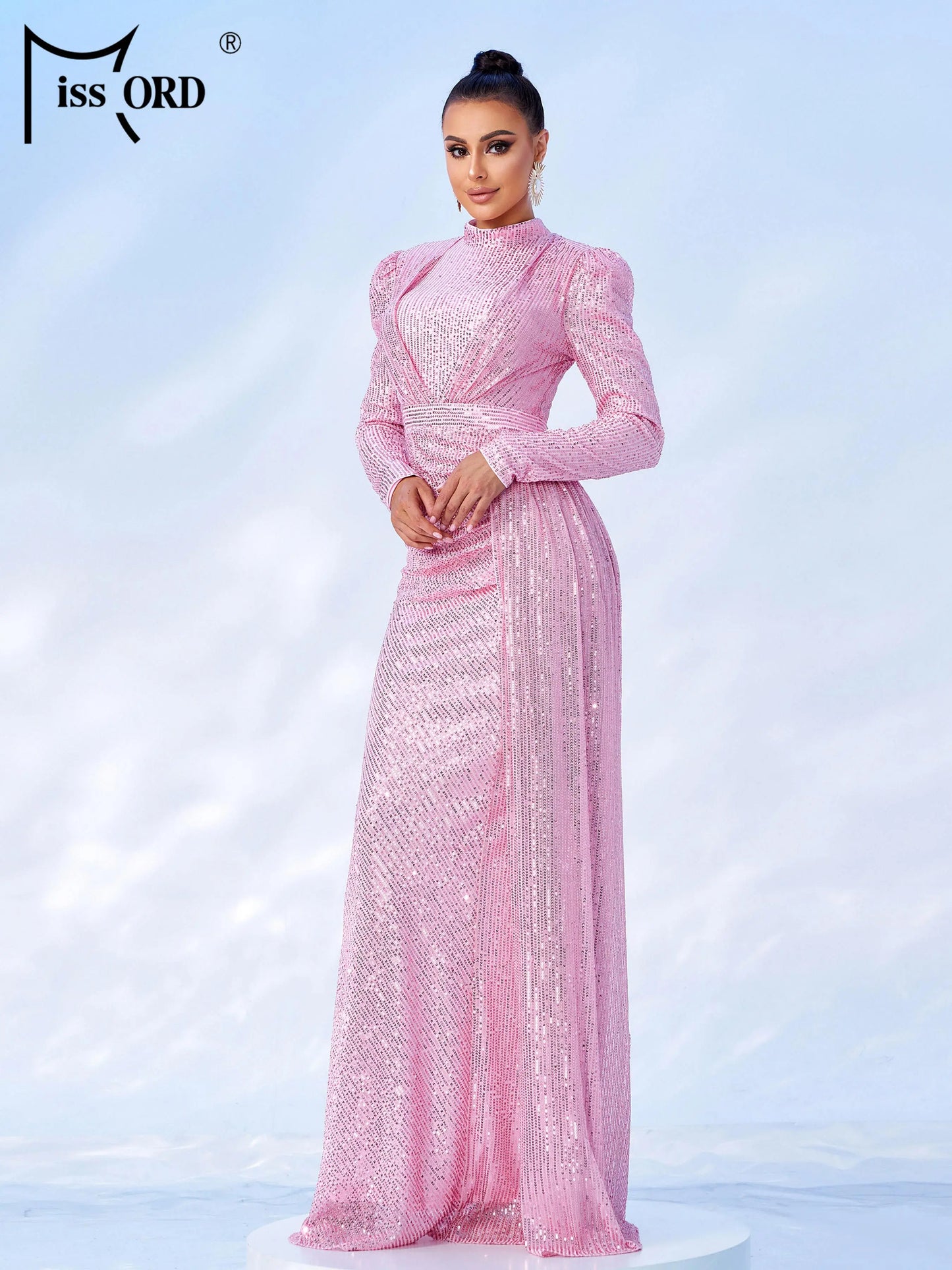 Missord Round Neck Long Sleeved Sequin Mermaid Evening Fashionable Exquisite Cocktail Prom Dress