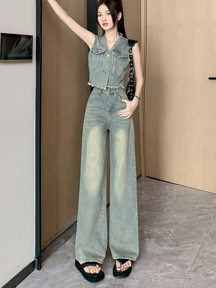 Frayed Denim Vest High Waisted Pants Set Sleeveless Jean Vest Top with Wide Leg Tapered Cropped Pants for Women Summer Outfit
