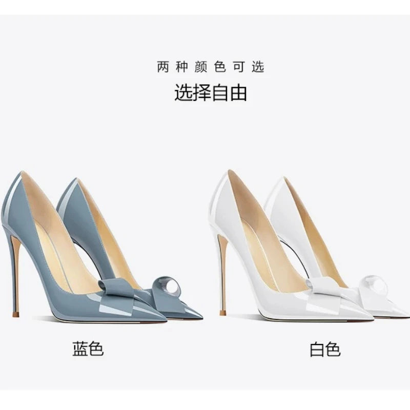 Bow Pointed Stiletto Patent Leather Pumps for Women