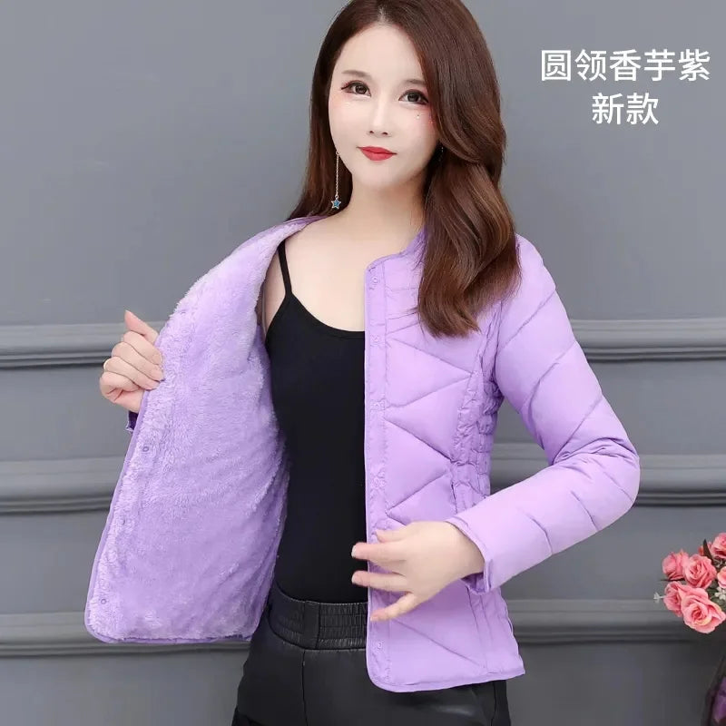 Winter Down Padded Jacket Women's Inner Short Mother's Wear Velvet Thickening Middle-Aged Elderly Mom Wear Pocket Jacket Pink