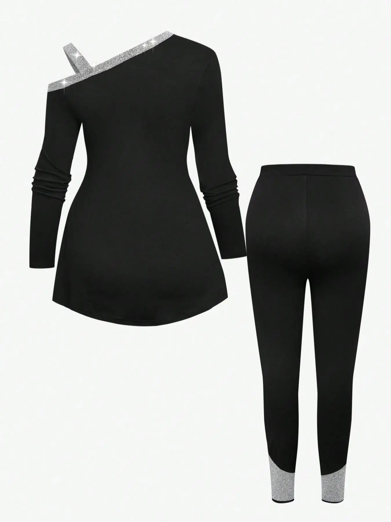 【Plus Size】 Two-Piece Set Patchwork Asymmetrical Neck Tee & Elastic Waist Pants, Casual Long Sleeve Asymmetrical Hem Top & Skinn