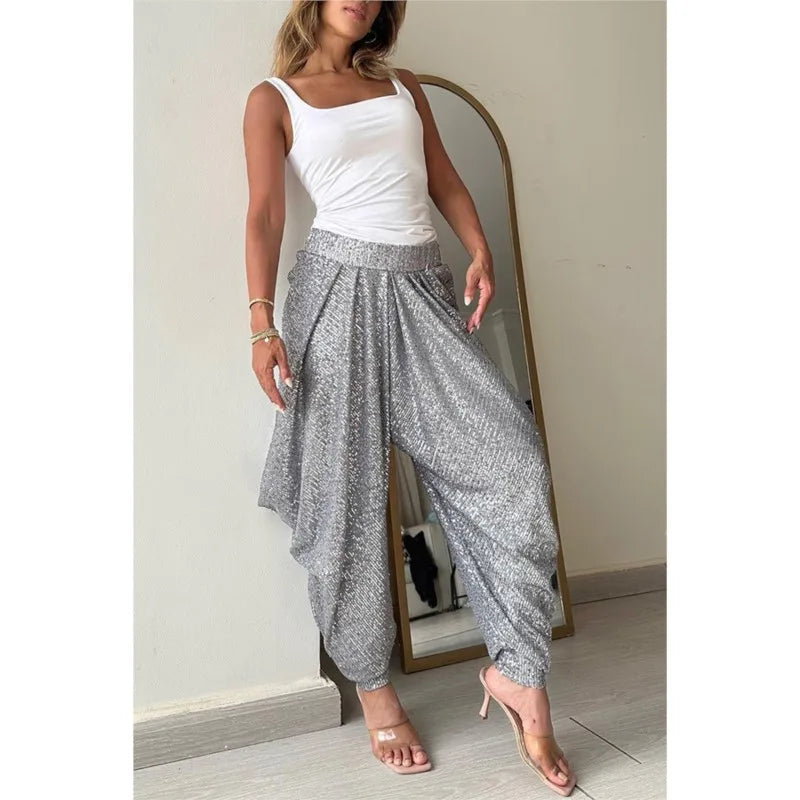 Women Elastic Waist Bloomers Spring Summer Sequins Patchwork Trousers Loungewear Fashion Solid Loose Ladies Streetwear
