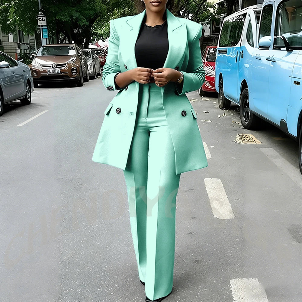 High Quality Women Suits Double Breasted Straight Formal 2 Piece Jacket Pants Peak Lapel High Street Daily Office Casual Suit
