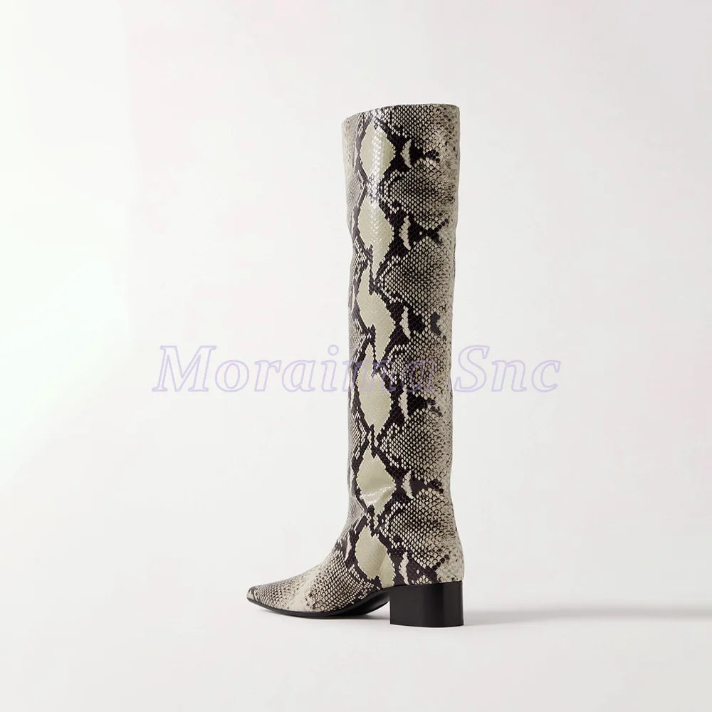 Python Pattern Pointed Toe Block Heel Knee High Boots For Women