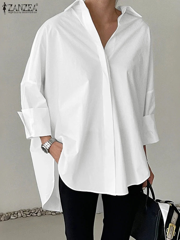Oversized White Long Sleeve Button Up Blouse for Women