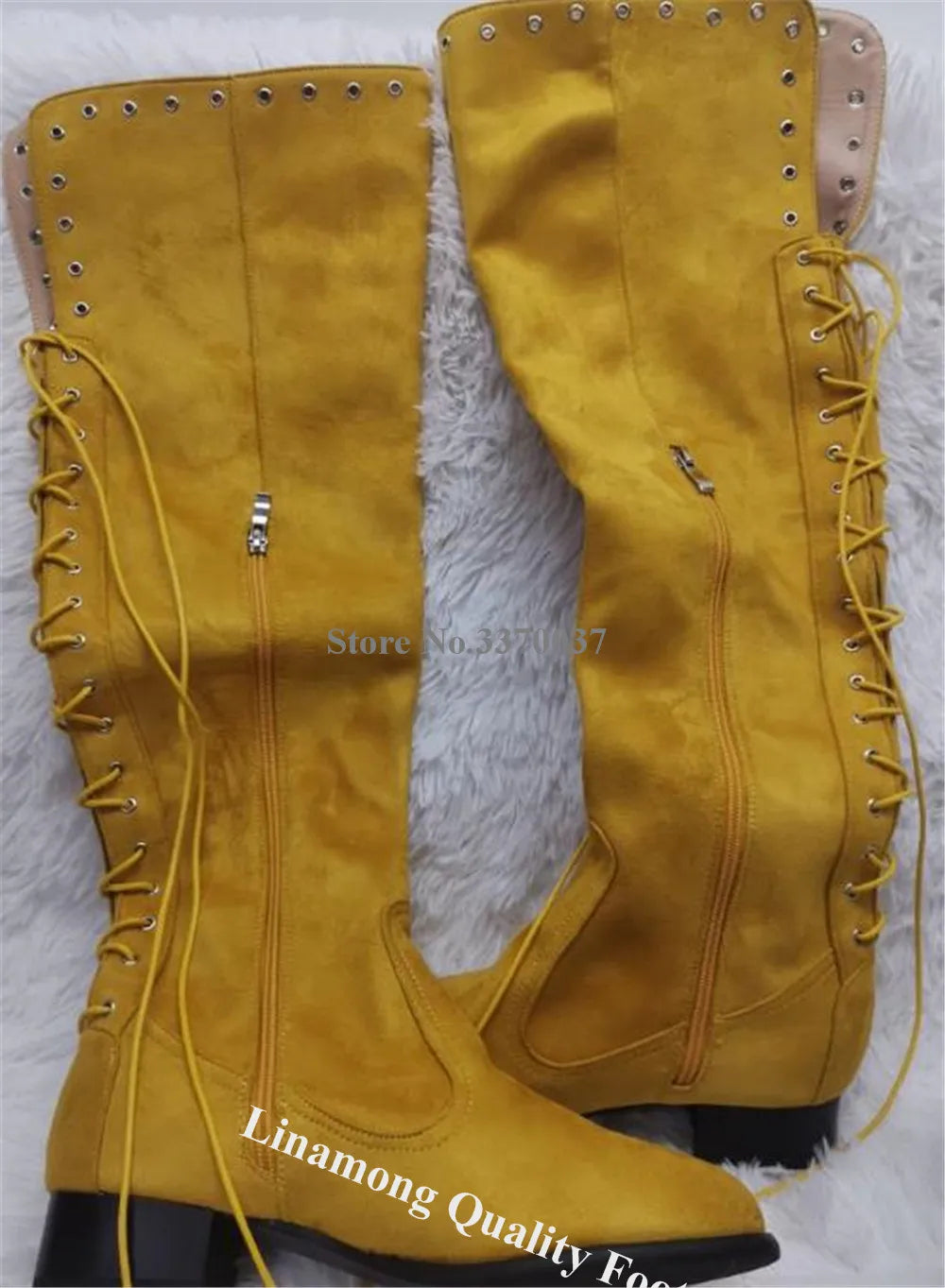 Suede Round Toe Lace-Up Knee-High Flat Boots for Women