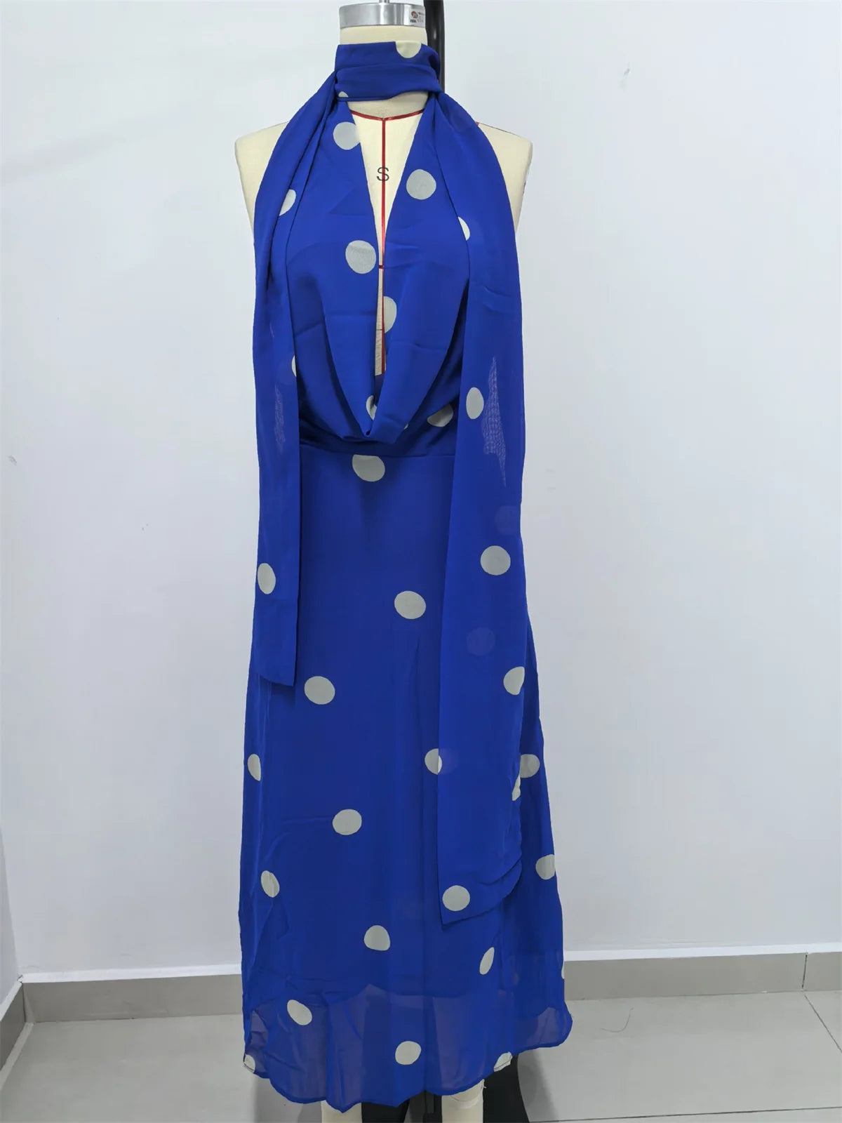 Vintage Polka Dot Backless Halter Maxi Dress for Women