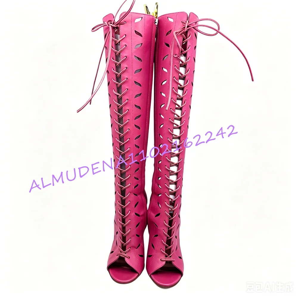 Open Toe Cutout Lace Up Knee High Stiletto Boots for Women