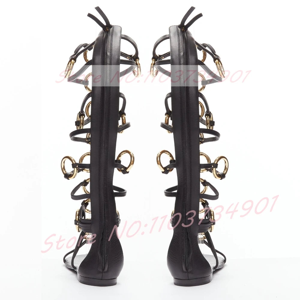 Black Leather Open Toe Metal Ring Strap Gladiator Sandals For Women