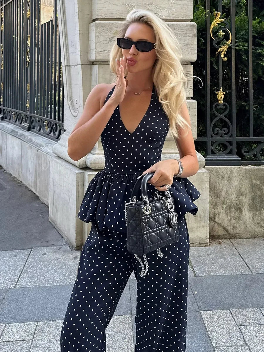 Loose Cotton Polka Dot Halter Top And Wide Leg Pants Set For Women