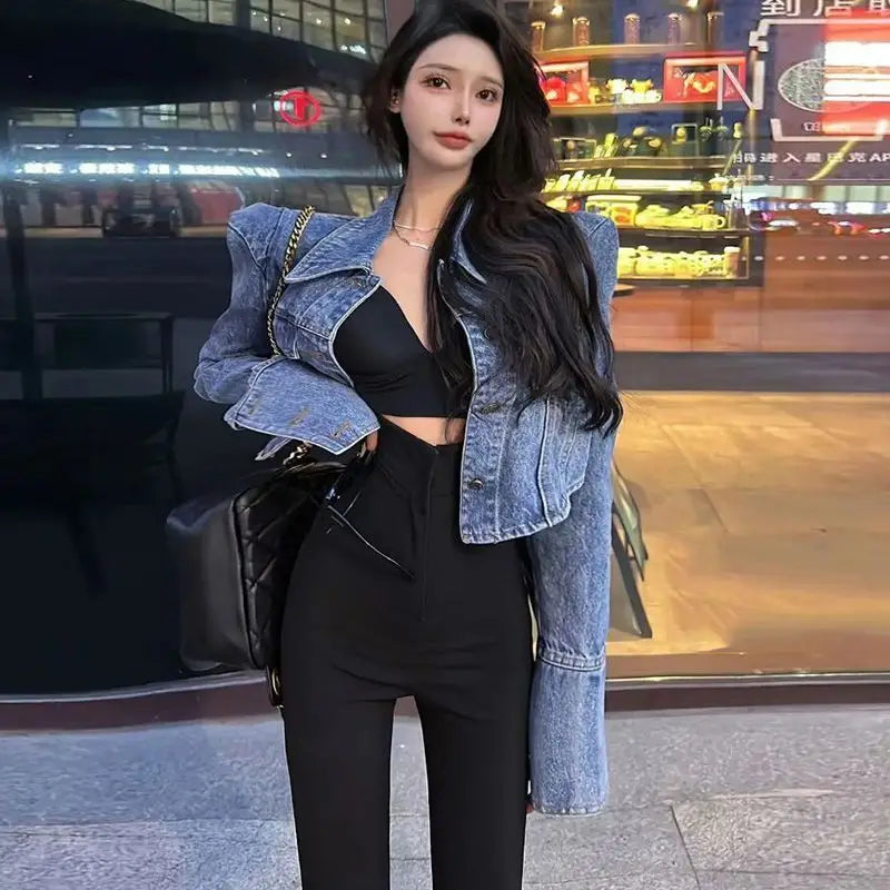 Front Zipper Vintage Denim Cropped Jacket For Women