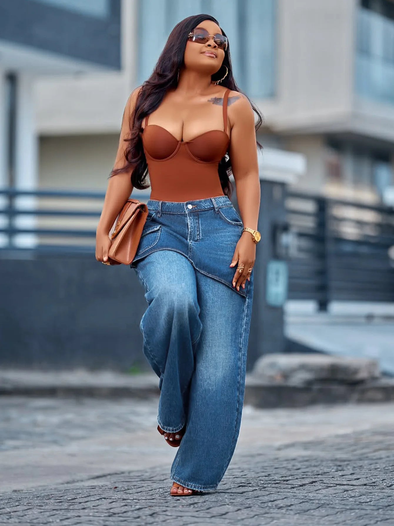 High Waisted Wide Leg Denim Jeans With Detachable Skirt For Women