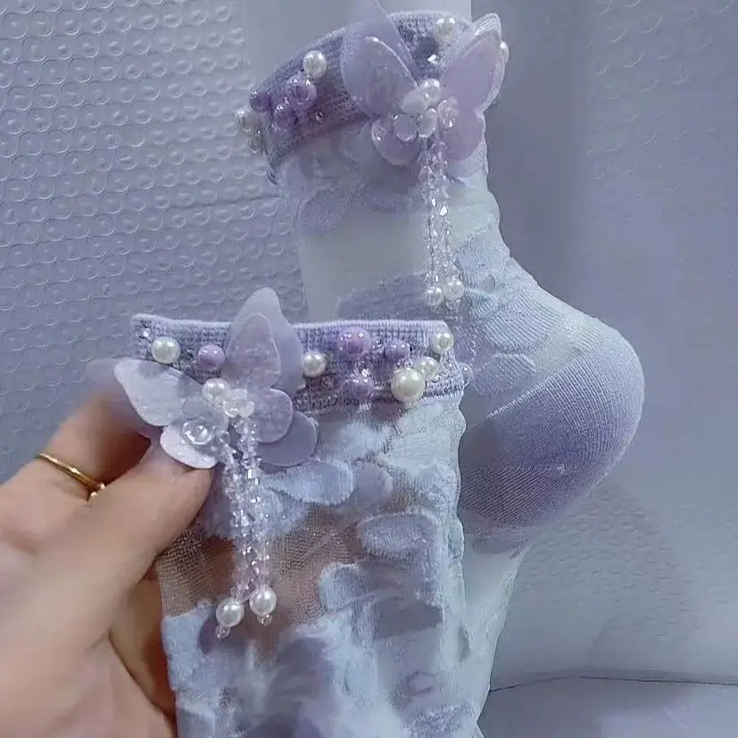 Elegant Crystal Beaded Tassel Pearl Socks for Women