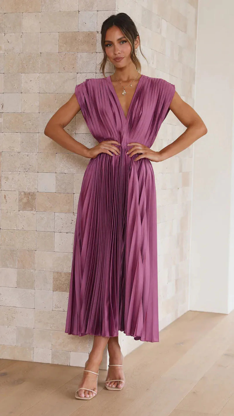 Elegance Draped V-Neck Pleated Skirt Dress 2025 Women Solid Strapless Backless Patchwork Loungewear Simple Maxi Dress