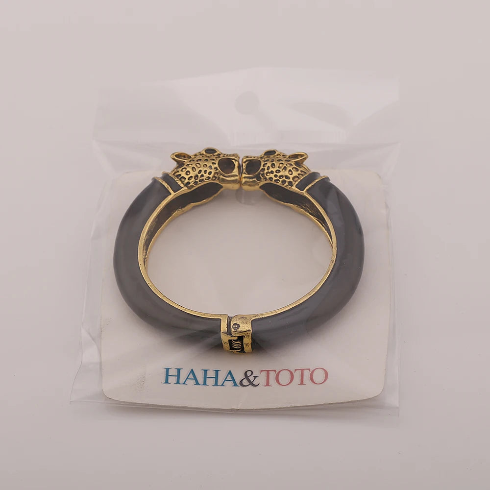 Double Leopard Head Enamel Cuff Bracelet for Women