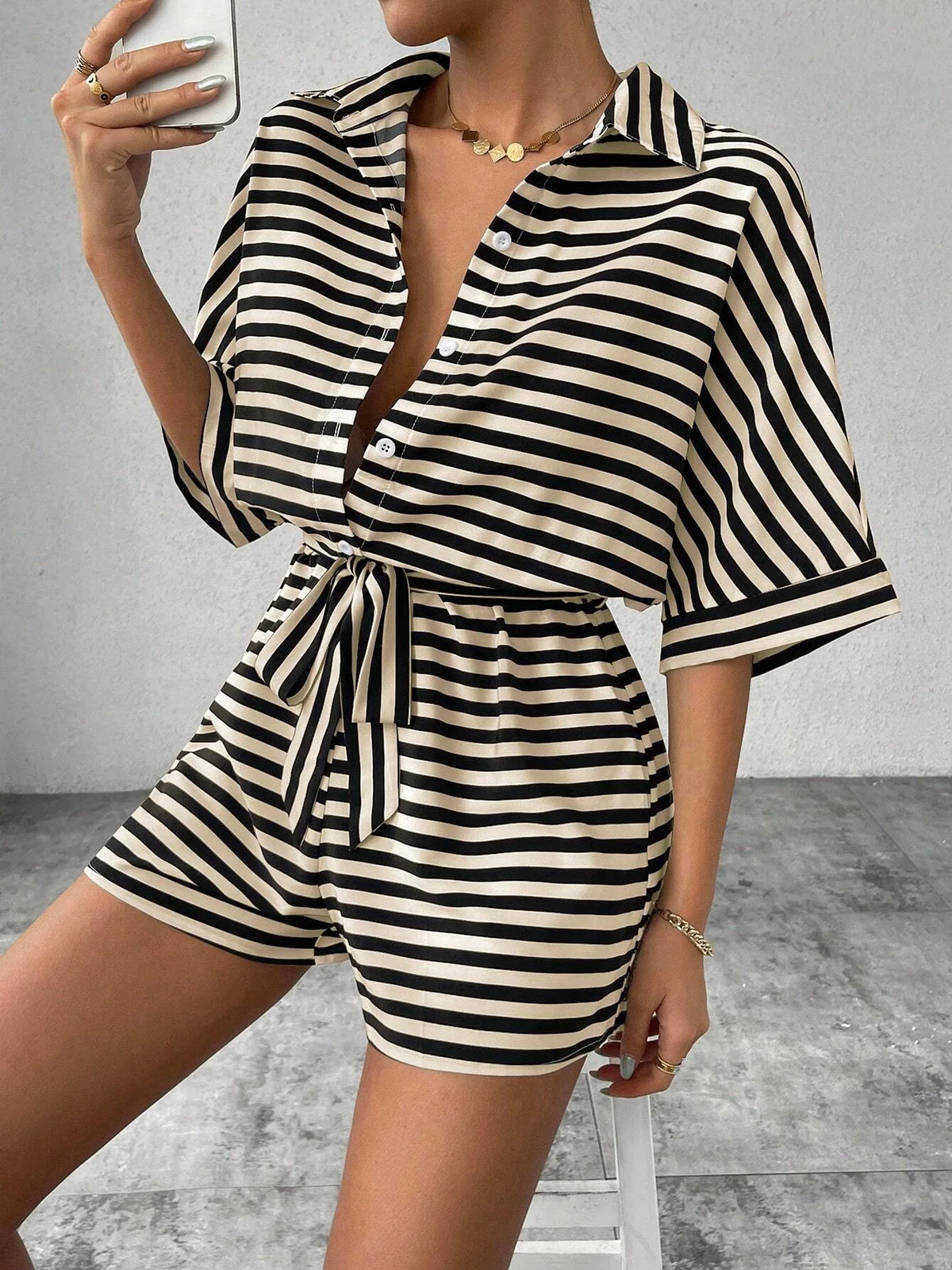 Casual Striped Batwing Sleeve Top And Shorts Set For Women