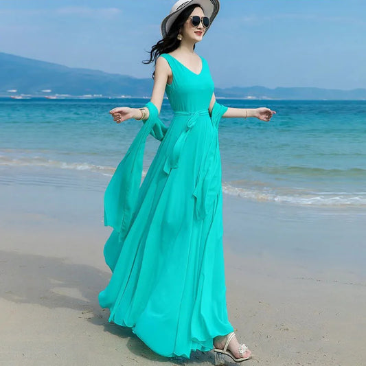 Summer Long Dress Women's Clothing 2025 New Elegant Chiffon Dress Elegant Long Slim Plus Size 4XL High Waist Beach Dresses