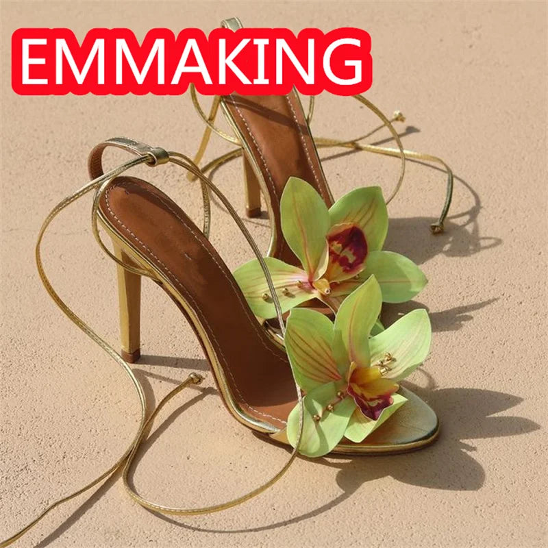Metallic Gold Ankle Strap Floral Lace Up High Heel Sandals For Women
