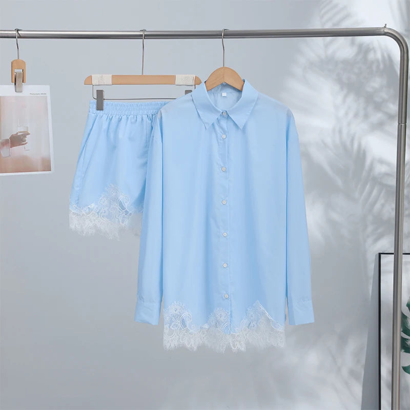 Casual Lace Patchwork Shirt and Shorts Set for Women