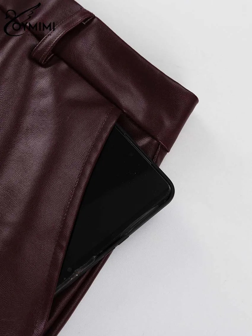 Oymimi Vintage Wine Red Pu Leather Womens 2 Piece Outfit Set Elegant Long Sleeve Lace-Up Shirts And Straight Simple Trousers Set