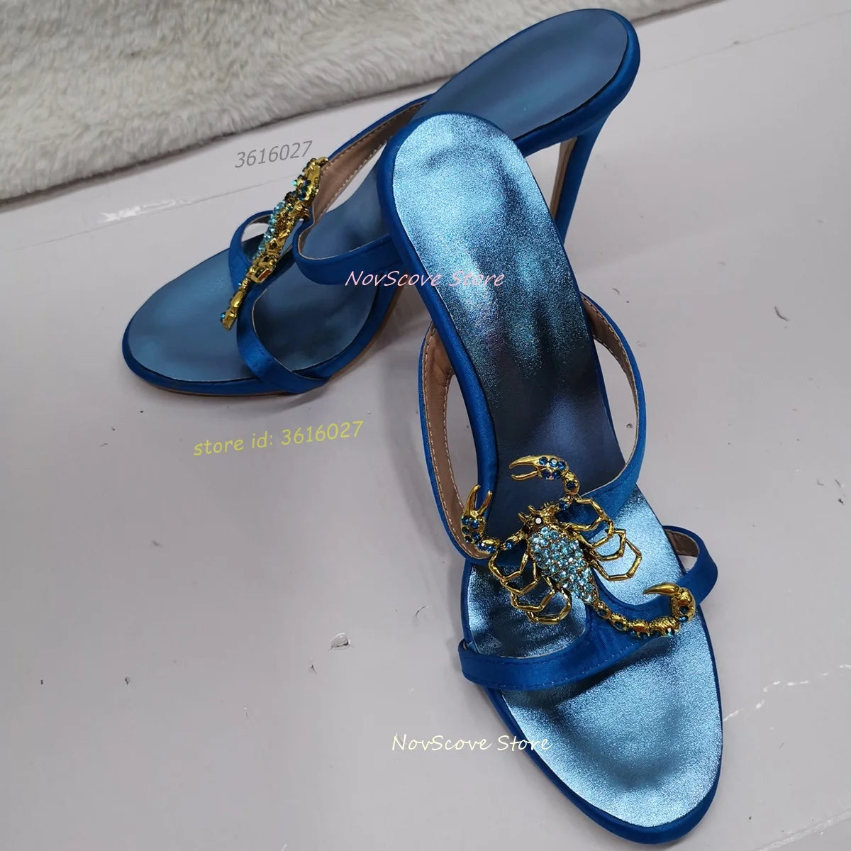 Blue Rhinestone Scorpion Open Toe Stiletto Mules For Women