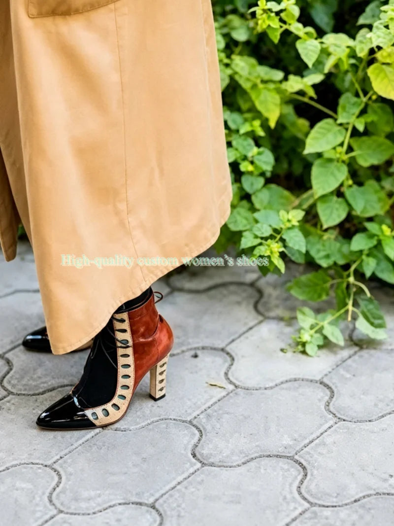 Retro Multicolor Hollow Out Chunky Heel Ankle Boots for Women