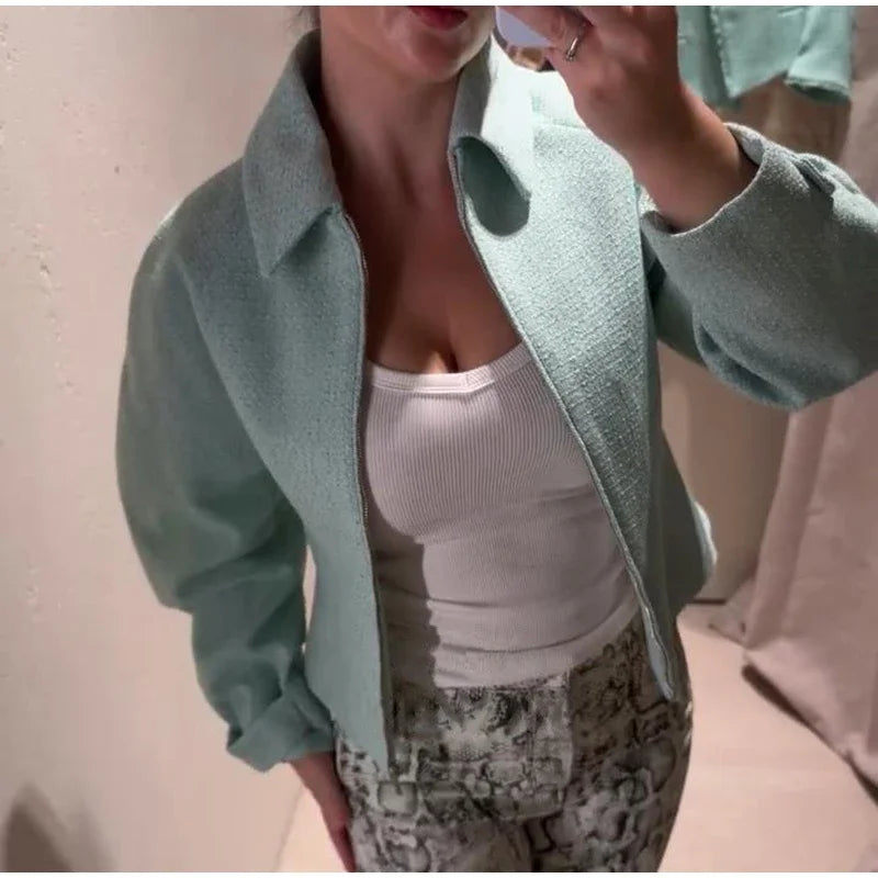 Chic Slim Fit Lapel Zipper Casual Short Coat for Women