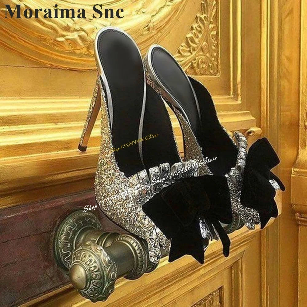 Silver Glitter Bowknot High Heel Peep Toe Slippers For Women