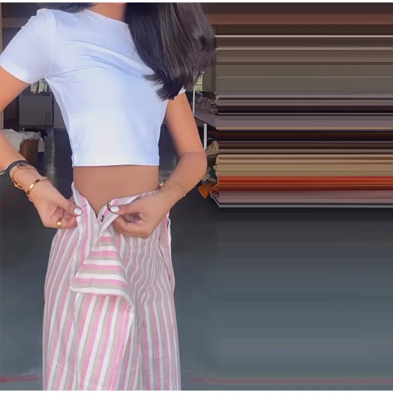 Pink And White Striped Wide Leg Pants With Sash Belt for Women