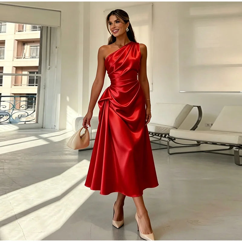 Charming One Shoulder Ruched Waist Satin Midi Dress For Women