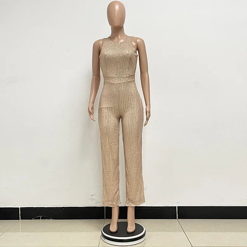 Elegant Silver Sequined Straight Cut Jumpsuit for Women