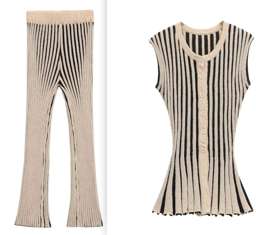 Joskaa 2025 Women's Striped Knit Two Piece Set Casual O-Neck Sleeveless Sweater Vest and Flared Pants Matched Vintage Streetwear