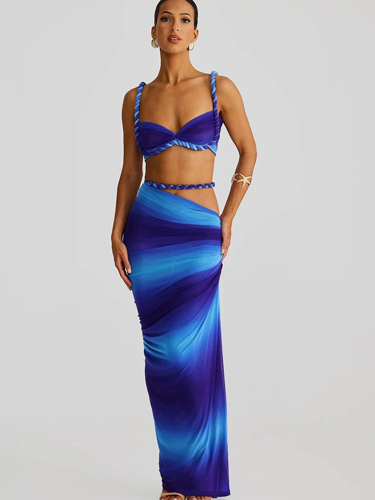 Woven Pleated Crop Top and Maxi Skirt Two Piece Set for Women